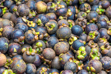 Mangosteen fruit for sale at the market, Vietnam fruits, specialties from Lai Thieu region, Binh Duong