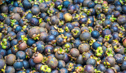 Mangosteen fruit for sale at the market, Vietnam fruits, specialties from Lai Thieu region, Binh Duong