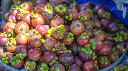 Mangosteen fruit for sale at the market, Vietnam fruits, specialties from Lai Thieu region, Binh Duong