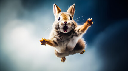 funny rabbit flying jumping mid-air looking at camera