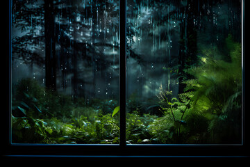 The window with raindrops gives off a mood of melancholy, nostalgia, contemplation and a view of the forest at night.