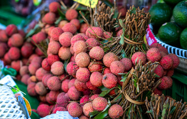 Fresh Lychee is sold at Vietnam fruit market. This is a specialty in Luc Ngan region, Bac Giang, Vietnam