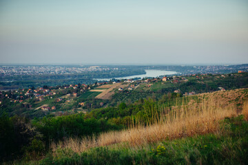 Panoramic view of the city of Novi Sad in Serbia from the top of Mount Fruska. View of the forest, fields, suburbs, city, the Danube River and bridges in spring sunny day