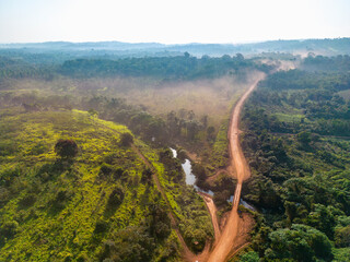 Drone shot of the famous earth road Transamazonica towards Santarém in dry season through the...