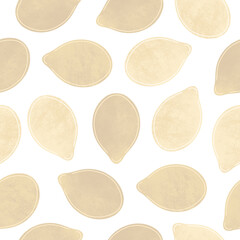 Pumpkin seeds repeat seamless pattern. Hand drawn textured kernels on white background