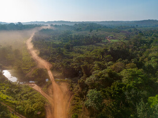 Drone shot of the famous earth road Transamazonica towards Santarém in dry season through the...