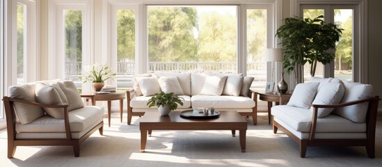 Obraz premium Sunlit living room with stylish furniture arrangement.