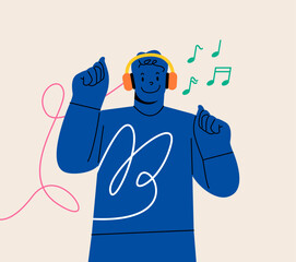 Man listening to music on headphones music. Colorful vector illustration