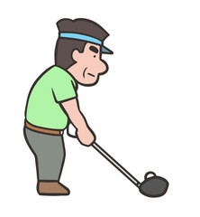 ゴルフスイングをする男性、ドライバーショットのアドレス、後方1