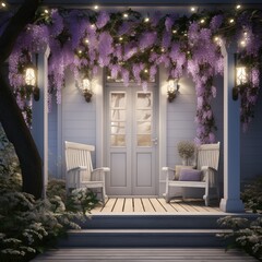 Entrance corner of a luxury or classic style house White furniture decorated with purple flowers and vines. In the evening there was a wooden wall light by the front door and chairs to sit on.