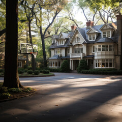 Fototapeta na wymiar A colonial Massachusetts mansion with a park 
