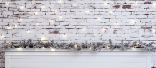 White brick wall with white wooden house garland, decorative brick plaster. Front perspective.