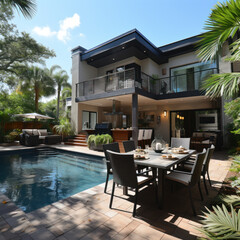Obraz premium a modern hoouse with a pool and barbecue 