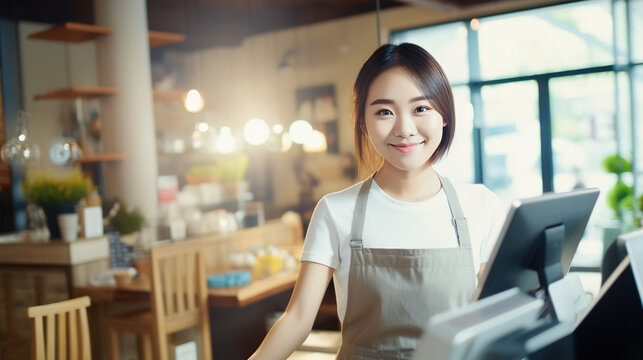 A Portrait of young asian female cashier, merchant uses touchpad to accept customer payments, small business cafe cafeteria, atmospheric shot of cashier working in store
