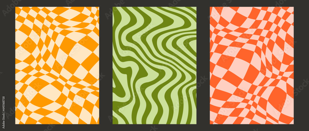 Poster Groovy checkerboard and wave lines background set. Colorful retro waves and checkered pattern collection. Vintage psychedelic distorted wallpapers. Yellow red green funky twisted backdrop. Vector pack
