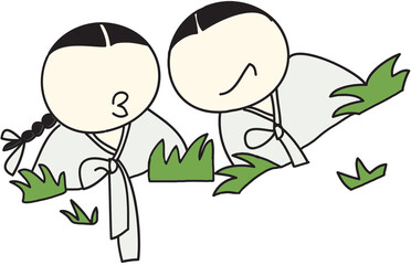 Korean traditional painting illustration, children playing in the grass