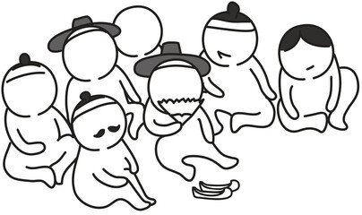 Korean traditional painting cartoon illustration, spectator of wrestling. ssireum
