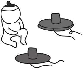 Korean traditional painting cartoon illustration, man sitting next to hat
