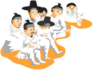 Korean traditional painting cartoon illustration, spectator of wrestling. ssireum