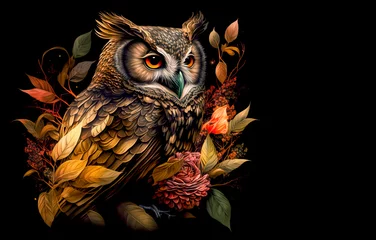 Schilderijen op glas Image of an owl with beautiful flowers. Bird. Wildlife Animals. Illustration, Generative AI. © yod67