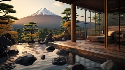 Japanese Hot Springs Onsen Natural Bath onsen ryokan. A small waterfall outside. Japanese open-air baths using hot water from geothermally heated springs. Traditional style architecture ryokan. - obrazy, fototapety, plakaty