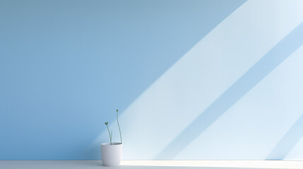A blurred shadows on pastel blue wall, sunlight through window, white wooden floor, blank space for presentation