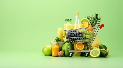 Papier Peint photo Pleine lune A Realistic photo on pastel green background, Grocery cart full of groceries, fruits and vegetables, pasta, juice, cheese