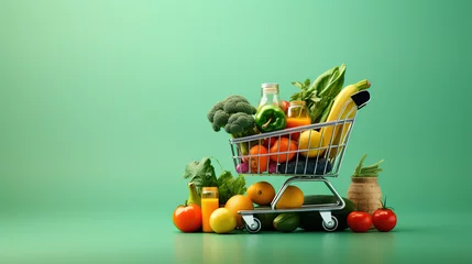 Cercles muraux Pleine lune A Realistic photo on pastel green background, Grocery cart full of groceries, fruits and vegetables, pasta, juice, cheese