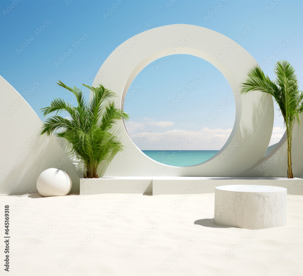 Aufkleber white round podium circular on the beach with palm trees and beach background. high quality photo
