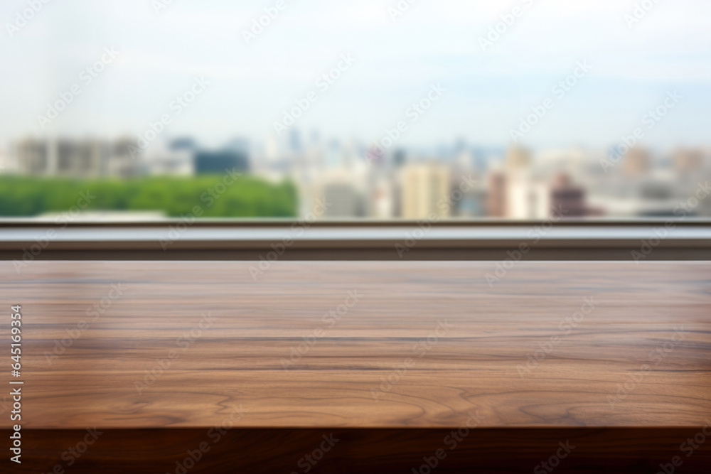 Poster empty wooden table and blurred view of cityscape. ready for product display montage. high quality ph