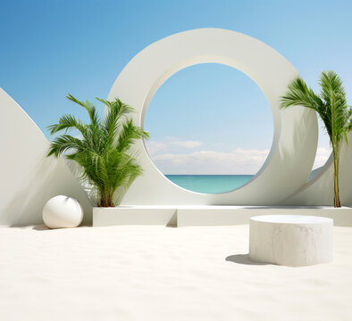 White round podium circular on the beach with palm trees and beach background. High quality photo