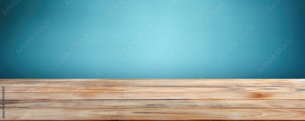 Poster wooden table in front of blue gradient background with copy space. high quality photo