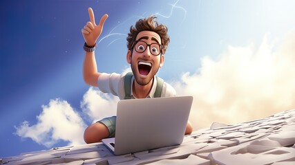 White Male, Man, Remote Work, YouTube, Social Media, Digital Nomad, Business, Happy, Freedom, solopreneur, Adventure, Break Free, Hype, Energy, Journey, Outdoors, New Path, glasses, 3D cartoon, Blue