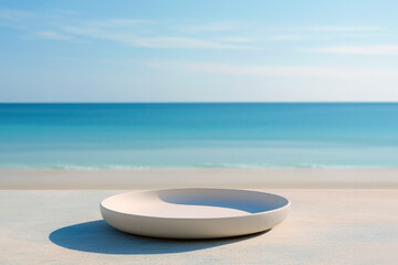 Fototapeta na wymiar Empty round white plate on table with blurred beach, blue sea and sky background. High quality photo