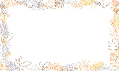 線画。秋の植物のベクターイラスト。秋の葉っぱと木の実イラスト。季節のカードデザイン。Line drawing. Autumn plants vector illustration. Autumn leaves and nuts illustration. Seasonal card design.