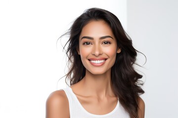 Closeup portrait of beautiful Asian Indian woman smiling with clean teeth. Used for dental advertising Isolated on white background.