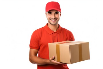 A young man wearing a polo shirt handed over a box of parcels to the side white background portrait