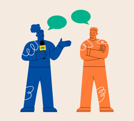 Journalist woman Interviewing man. Reporter female holding microphone presenting breaking news. Colorful vector illustration