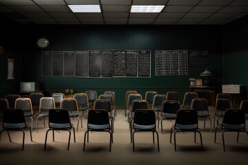 Empty Classroom with white floor. High school. Generative AI