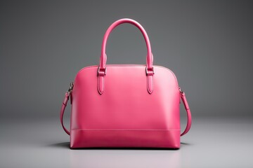 Beautiful trendy smooth youth women's handbag in bright pink color on a gray studio background.
