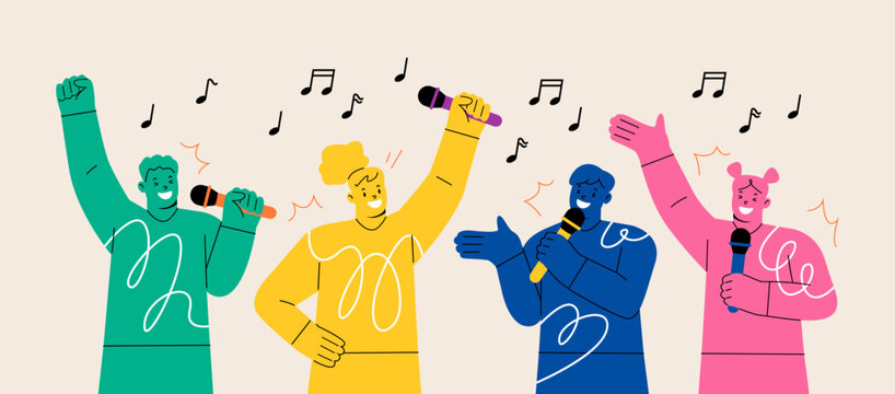 Young people with microphones singing a song at a karaoke party. Colorful vector illustration