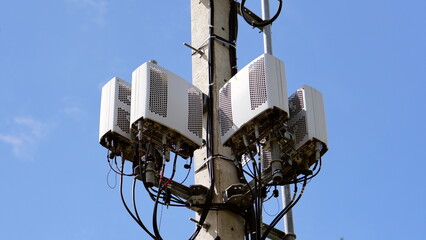 Small Cell 3G, 4G, 5G System. Macro Base Station or Base Transceiver Station on Electricity post....