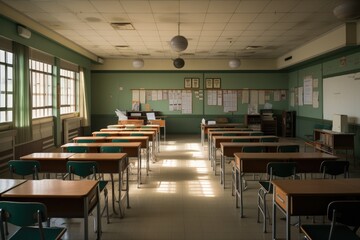 Empty Classroom with white floor. High school. Generative AI