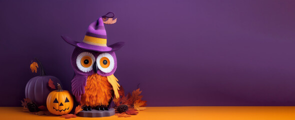 Halloween background of cute owl with pumpkin sitting on violet background and copy space for text, helloween poster, banner, invitation for adverticement