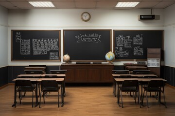 Empty Classroom with white floor. High school. Generative AI