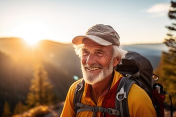 Naklejka premium Smiling portrait of a happy senior man hiker hiking in the forests and mountains