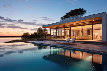 Modern luxury house or villa with an infinity pool overlooking a beatiful view of the ocean and sky