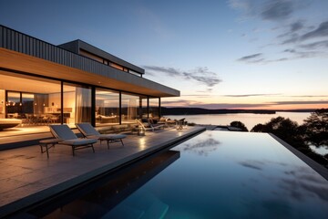 Obraz premium Modern luxury house or villa with an infinity pool overlooking a beatiful view of the ocean and sky