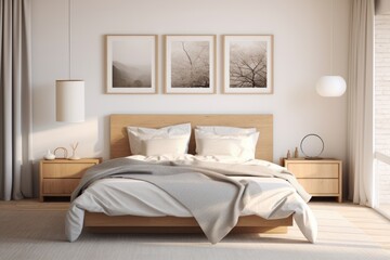 Fototapeta na wymiar Nordic designed interior of a cozy bedroom in a modern house with plenty of natural light