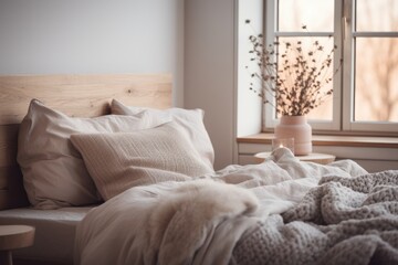 Fototapeta na wymiar Nordic designed interior of a cozy bedroom in a modern house with plenty of natural light